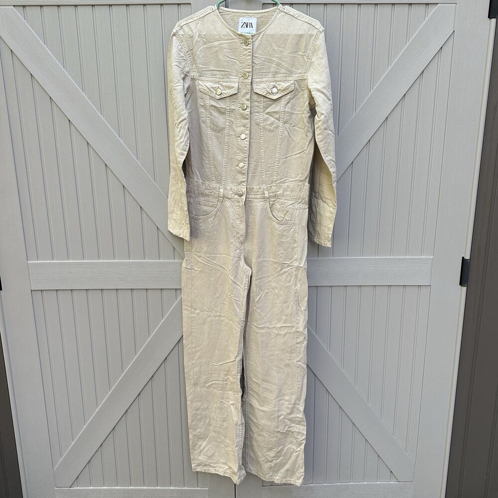 Zara Jumpsuit Womens Small Beige Button Up Coveralls Neutral One Piece Utility
